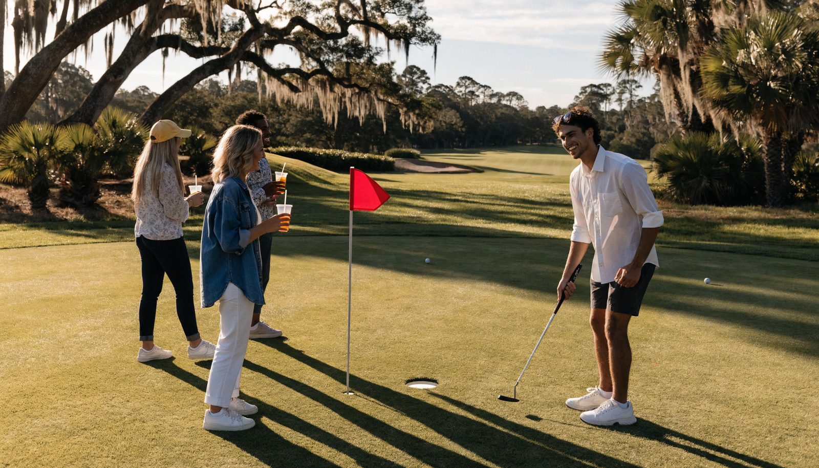 A group of friends playing a short hole in daylight