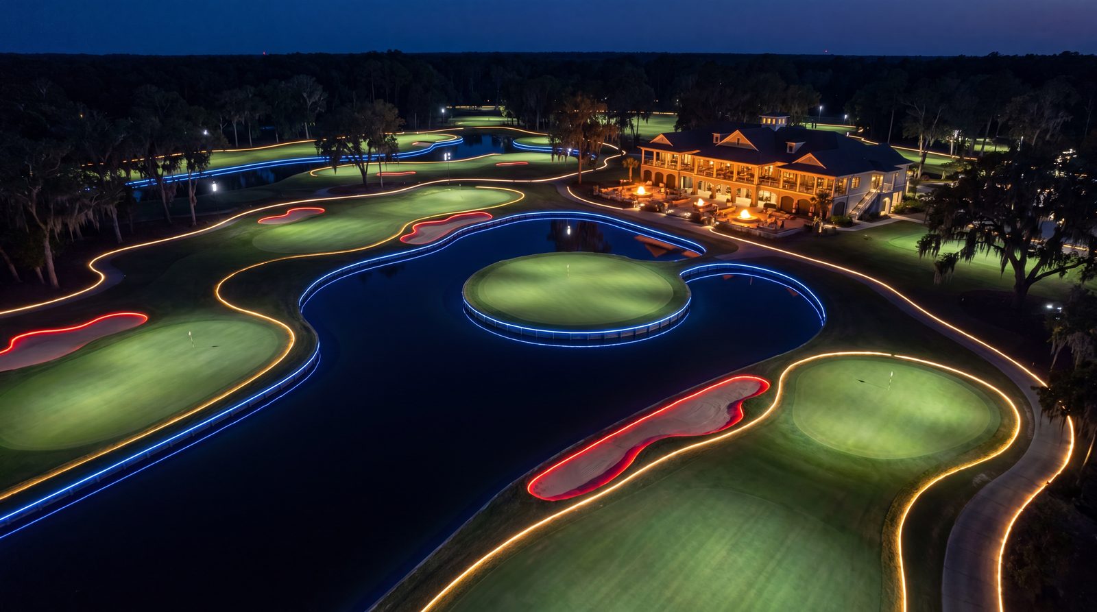 Aerial view of the whole course lit for night play